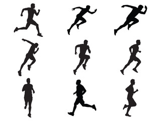 Run, set of running people, isolated vector silhouettes. Group of men