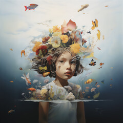 Surreal photo manipulation of girl head exploding into bouquet of flowers and butterflies. Creative...