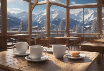 Hot coffee in cafe, winter landscape background - obrazy, fototapety, plakaty