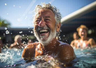 Fototapeta na wymiar Happy senior man in swimming pool on group active exercise therapy.Macro.AI Generative.