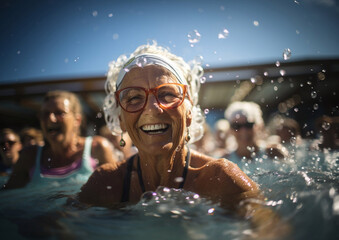 Happy joyful senior lady in swimming pool on group active exercise therapy.Macro.AI Generative.