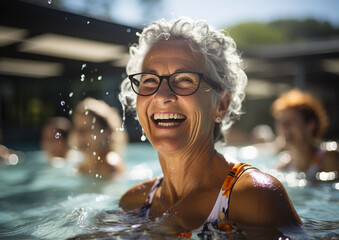 Obraz premium Happy joyful senior lady in swimming pool on group active exercise therapy.Macro.AI Generative.
