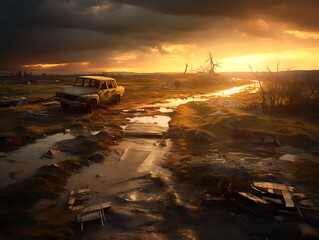 Post-apocalyptic natural landscape, landscape of nature after the disaster