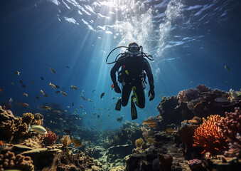 Diver exploring reef and underwater wildlife in ocean on vacation.Macro.AI Generative.