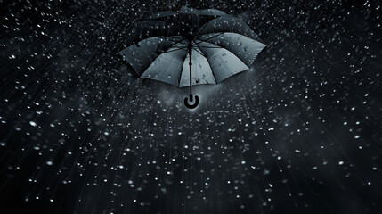Rain droplets cascading from a dark umbrella