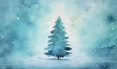 Zelfklevend Fotobehang watercolor christmas tree with snow, background for design © Irina