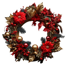 opulenter weihnachtlicher Kranz in rot und gold mit Blumen und goldenen Kugeln	
 - obrazy, fototapety, plakaty