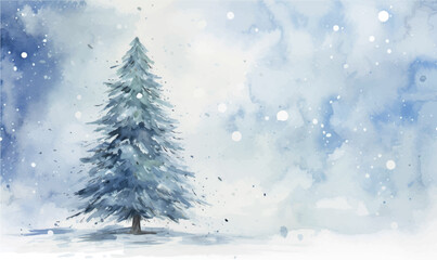watercolor christmas tree with snow, background for design