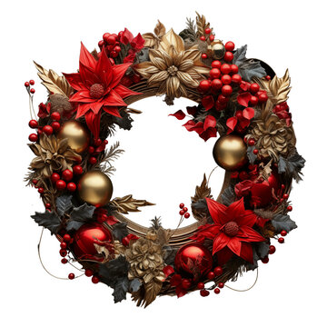 opulenter weihnachtlicher Kranz in rot und gold mit Blumen und goldenen Kugeln	
