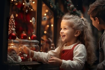 Fototapeta na wymiar children looking a window of a christmas shop on christmas day