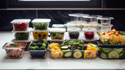 Healthy food in glass containers on kitchen table