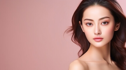 Fototapeta premium Studio shot of Beautiful Asian woman with clean fresh skin on pink background, Face care, Facial treatment, Cosmetology, beauty and spa.