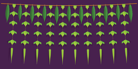 South Indian Traditional natural palm and mango Leaves Garland vector set. Decoration for Indian Hindu Auspicious Occasion. Pongal, ayudha pooja, wedding, mewyear festival celebration.