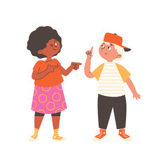 Children boy and girl point with fingers in different sides