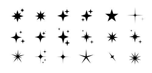Minimalist silhouette Star icons, star shape vector set. Abstract y2k sparkles. Twinkling stars, abstract sparkle black silhouettes symbol shining burst. Vector