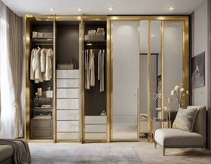 Modern wooden wardrobe with clothes hanging on rail in walk in closet design interior 3d illustration
