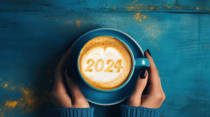 Happy New Year 2024 female hands holding coffee mug on frothy surface of cappuccino served number 2024 in blue coffee mug. new year new you. (top view), generative ai - obrazy, fototapety, plakaty