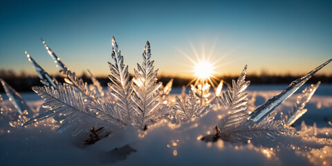 ice crystals against the backdrop of the setting sun on the horizon.