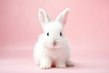 Cute white Easter bunny on pink background close up