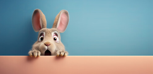 cartoon scared bunny expresses great surprise while looking at the camera on a plain background....