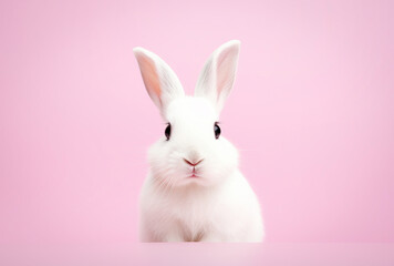 Cute white Easter bunny on pink background close up