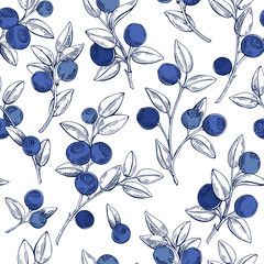 Seamless vector pattern with blueberry on a white background.  Vector. Perfect for design templates, wallpaper, wrapping, fabric, print and textile.