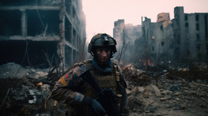 Tired Military soldier portrait after battle in ruined city