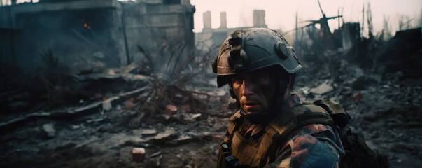 Fototapeta premium War image with soldier standing in between ruined city