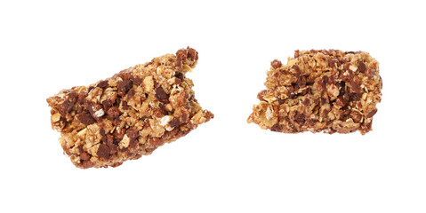 Pieces of tasty granola bar isolated on white