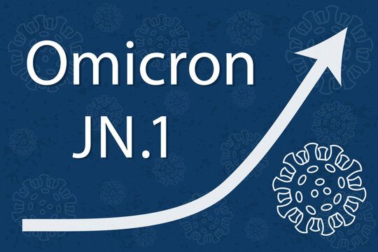 A new Omicron variant JN.1 is a descendent of Pirola or BA.2.86. The arrow shows a dramatic increase in disease. White text on dark blue background with images of coronavirus.