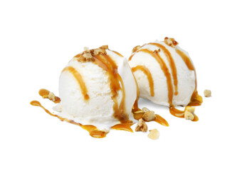 Scoops of ice cream with caramel sauce and nuts isolated on white