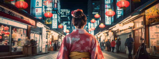Naklejka premium Asian woman wearing japanese traditional kimono at kyoto,night city in new year japan 