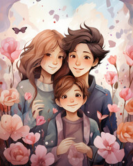 Family portrait of mom, dad and child for Family Day, watercolor illustration in pastel colors