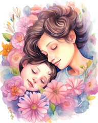 Portraits of mom and son for Mother's Day, watercolor illustration in pastel colors