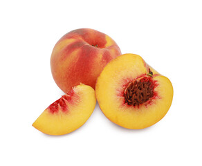 Whole and cut delicious peaches isolated on white