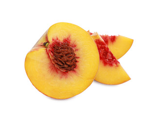 Delicious cut ripe peach isolated on white