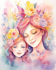 Obraz premium Portraits of mother and daughter for Mother's Day, watercolor illustration in pastel colors
