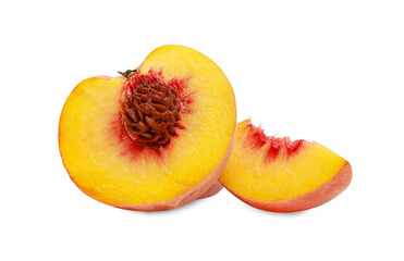Delicious cut ripe peach isolated on white