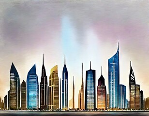 Watercolor of Dubai city skyline at night