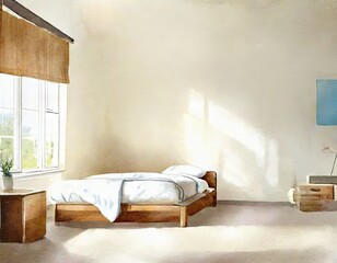 Watercolor of bedroom in beige and 