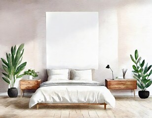 Watercolor of Hipster bedroom with poster frame rendered 
