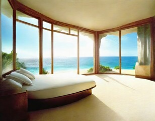 Watercolor of Dreamlike bedroom with stunning ocean 
