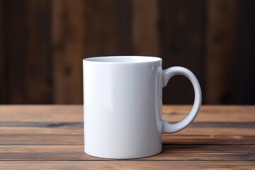Fototapeta premium Empty blank mock up of white ceramic coffee mug on wooden table