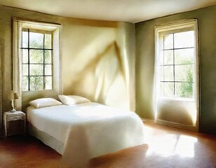 Watercolor of Provence bedroom interior featuring cozy AI