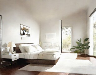 Watercolor of Contemporary bedroom with white horizon and warm 