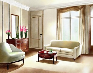 Watercolor of Welcoming classic living room with AI