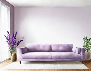 Watercolor of Modern living room with lavender and blank 