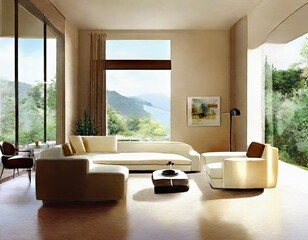 Watercolor of  of a stylish living room with a modern interior 