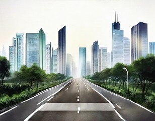 Fototapeta na wymiar Watercolor of City skyline and modern buildings on an asphalt road in 
