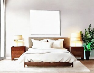 Watercolor of Contemporary bedroom with a picture frame for poster 